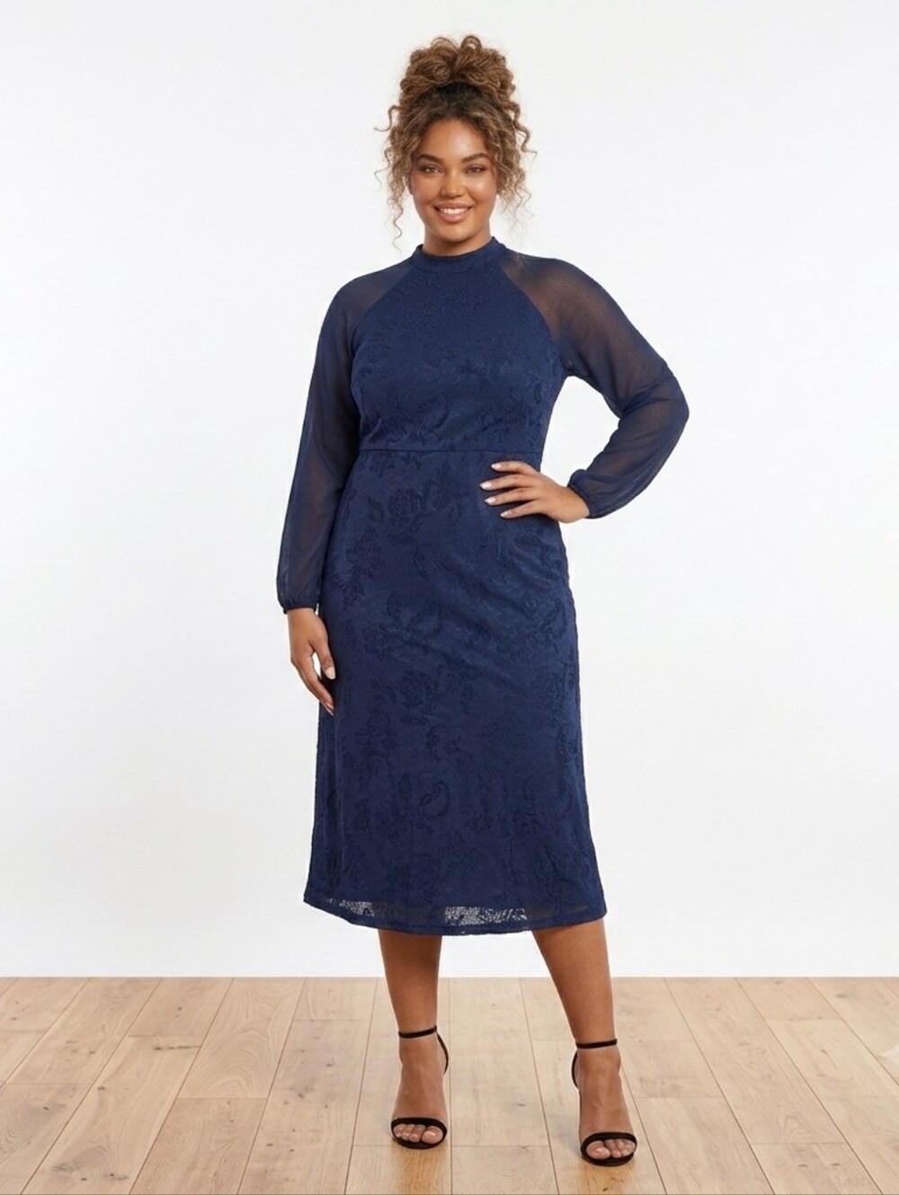 WHBM Blue Floral Textured Midi Dress Sheer Sleeve Occasion Wear